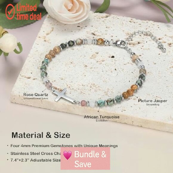 Adjustable Cross Bracelet with Natural Stones, Christian Friendship Gift - Picture 3 of 8